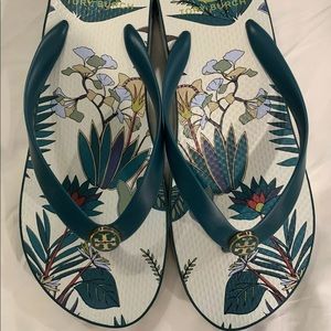 TORY BURCH Tropical Print Wedge Flip Flops US 9